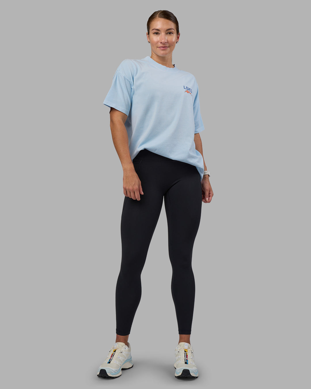 Woman wearing Digital World Heavyweight Oversized Tee - Open Air-Cantaloupe | Model:Hannah | Size:XS