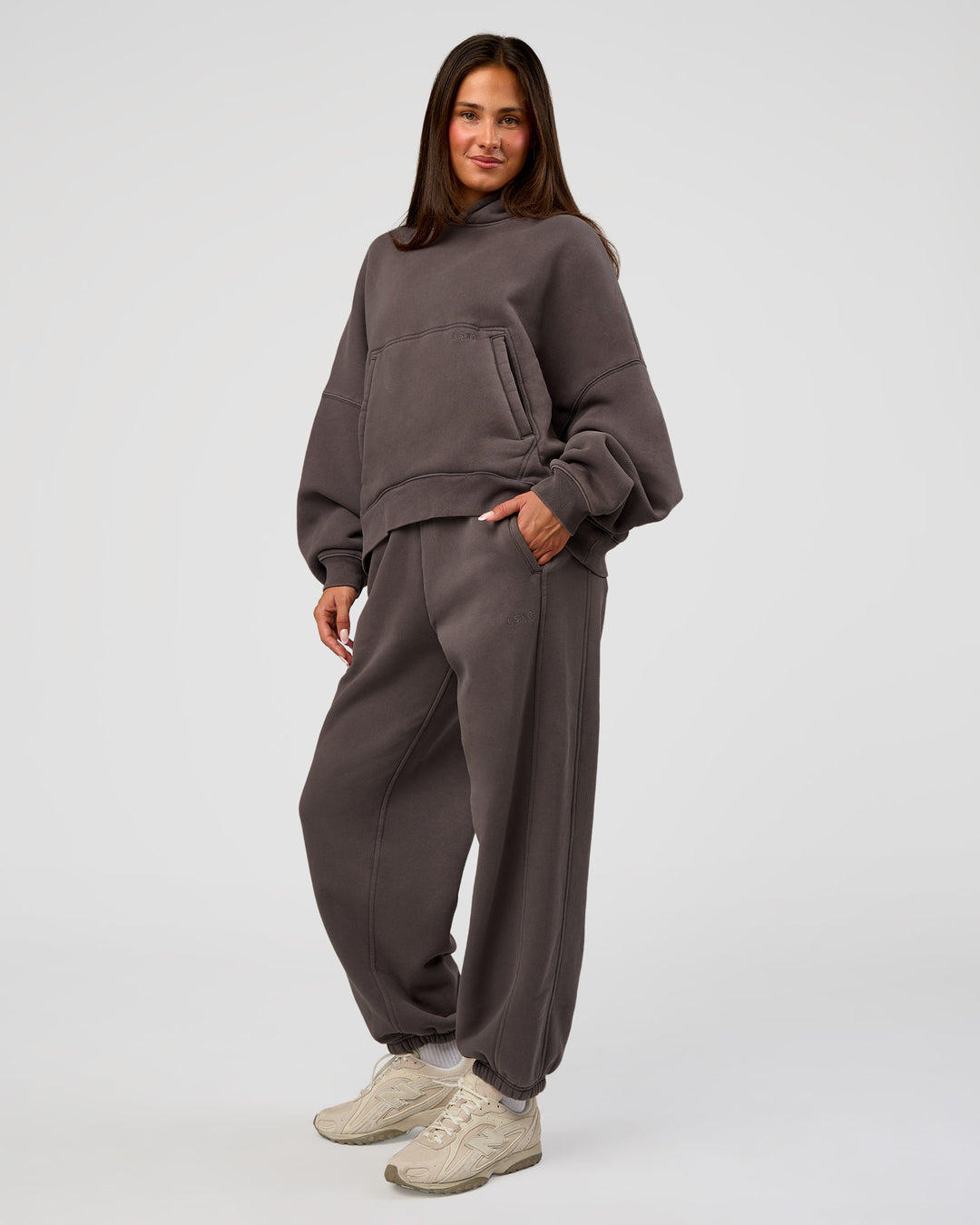 Woman wearing Distort Oversized Hoodie - Duskstone Washed | Model:Bianca | Size:XS