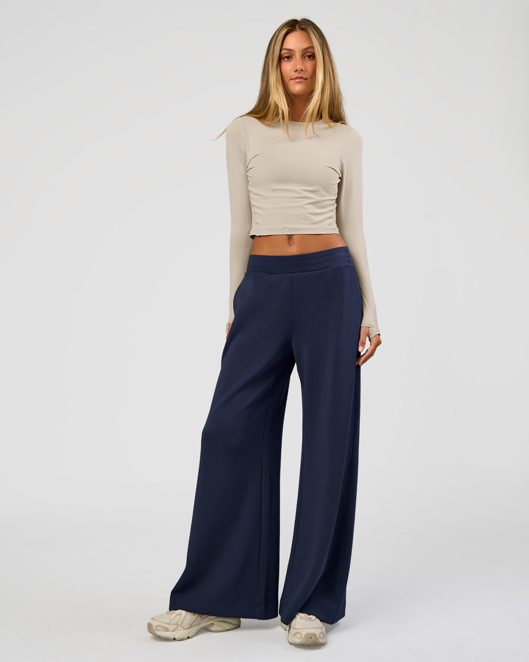 Woman wearing Elevate SoftTouch Wide Leg Pant - Future Navy | Model:Georgia | Size:XS