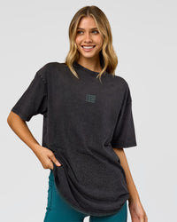 Woman wearing Everyday Elevation FLXCotton Oversized Tee - Black Washed-Carbon Green | Model:Leilani | Size:XS