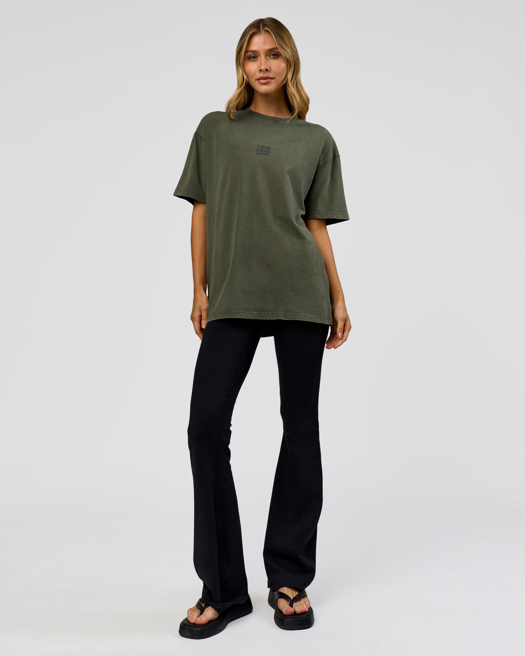 Woman wearing Everyday Elevation FLXCotton Oversized Tee - Carbon Green Washed -White | Model:Leilai | Size:XS