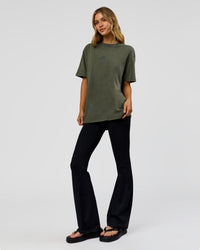 Woman wearing Everyday Elevation FLXCotton Oversized Tee - Carbon Green Washed -White | Model:Leilai | Size:XS