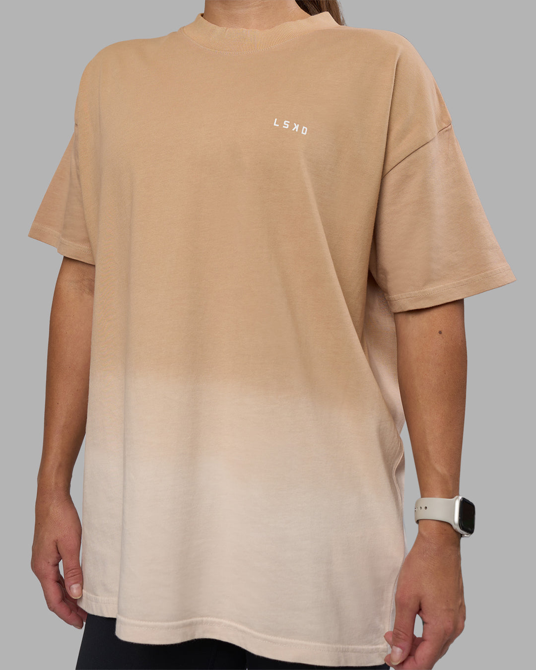 Woman wearing Faded Heavyweight Oversized Tee - Warm Smoke-White | Model:Hannah | Size:XS