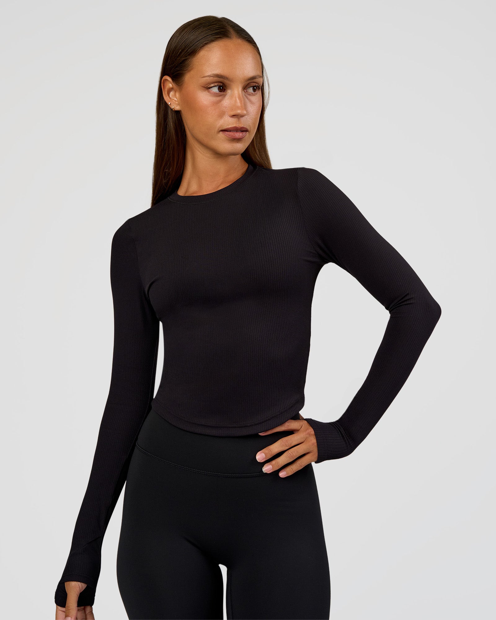 Woman wearing Flow Rib Long Sleeve Tee - Black | Model:Brylee | Size:XS