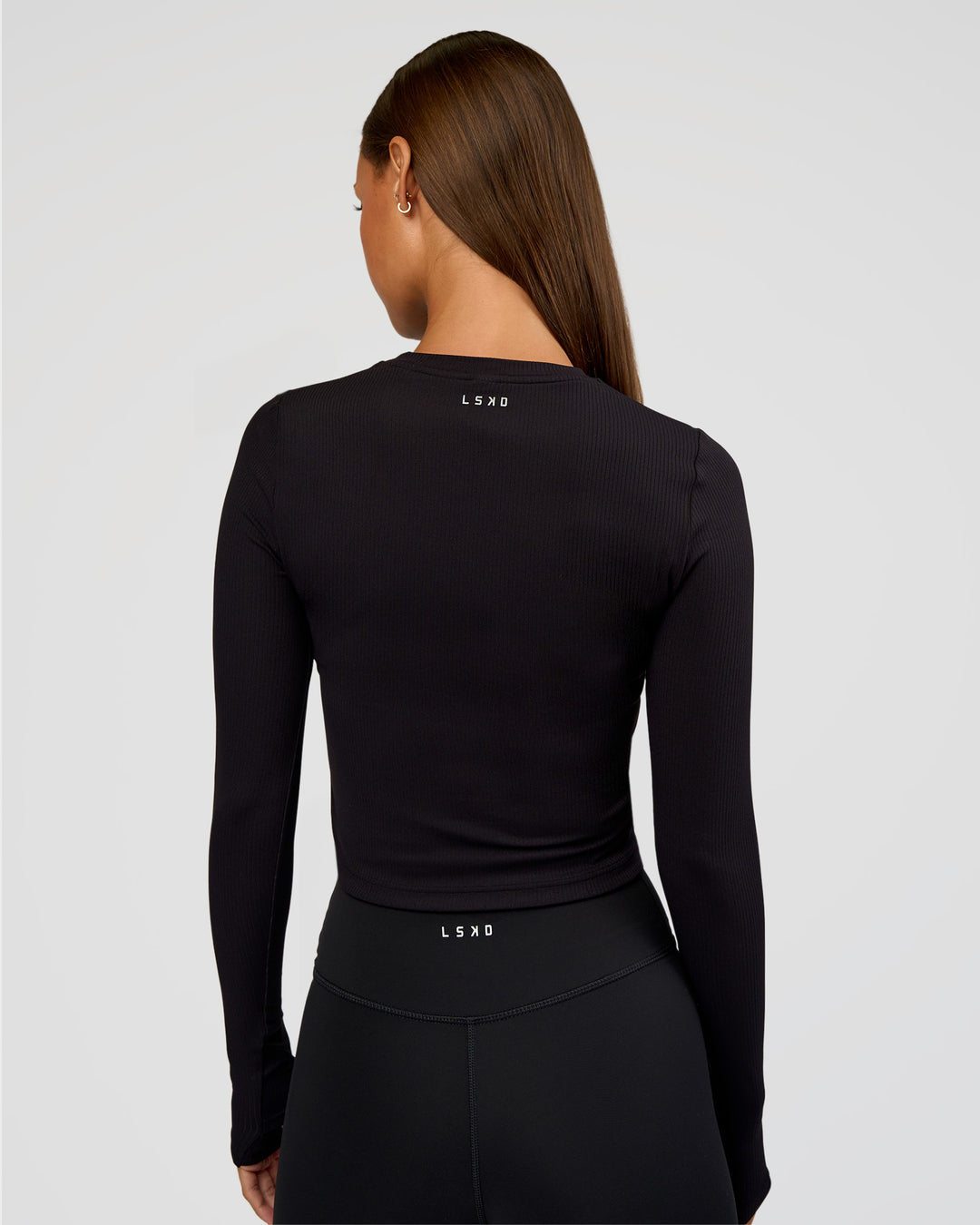 Woman wearing Flow Rib Long Sleeve Tee - Black | Model:Brylee | Size:XS