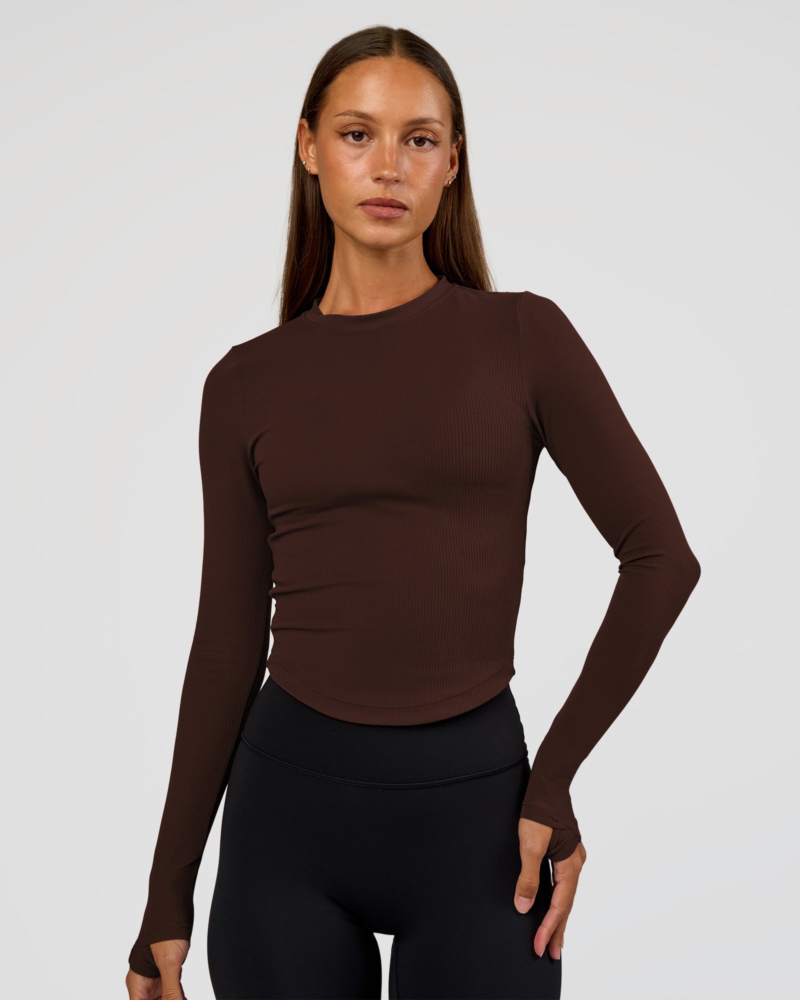 Woman wearing Flow Rib Long Sleeve Tee - Hot Chocolate | Model:Brylee | Size:XS