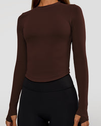 Woman wearing Flow Rib Long Sleeve Tee - Hot Chocolate | Model:Brylee | Size:XS