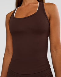 Woman wearing Flow Rib Scoop Neck Tank - Hot Chocolate | Model:Brylee | Size:XS