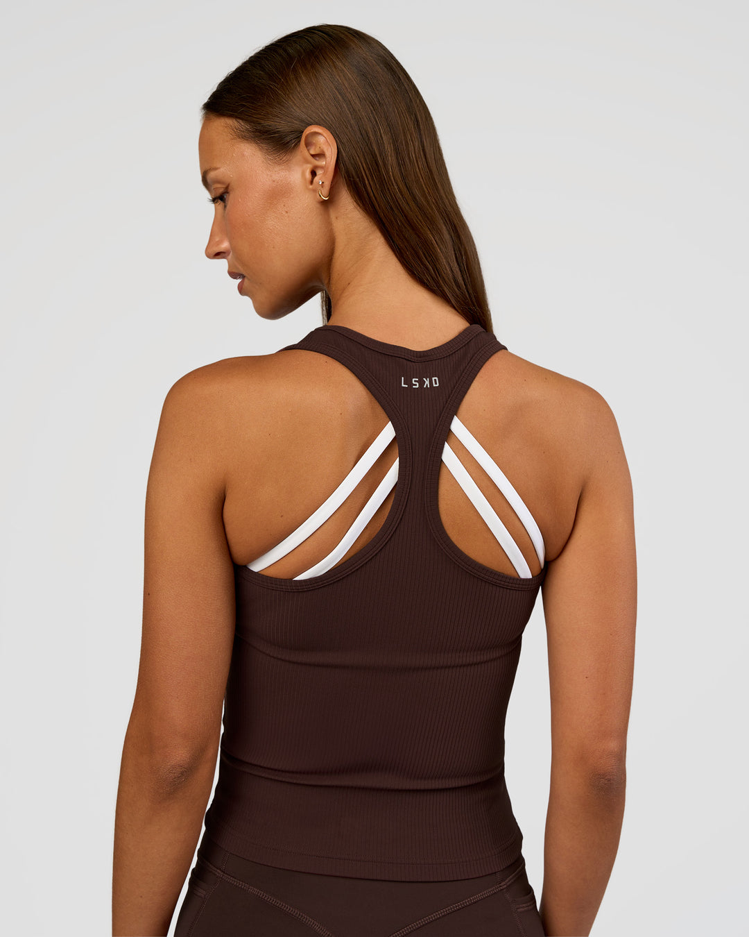 Woman wearing Flow Rib Scoop Neck Tank - Hot Chocolate | Model:Brylee | Size:XS