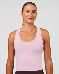 Woman wearing Flow Scoop Neck Performance Tank - Marshmallow | Model:Emelia | Size:XS