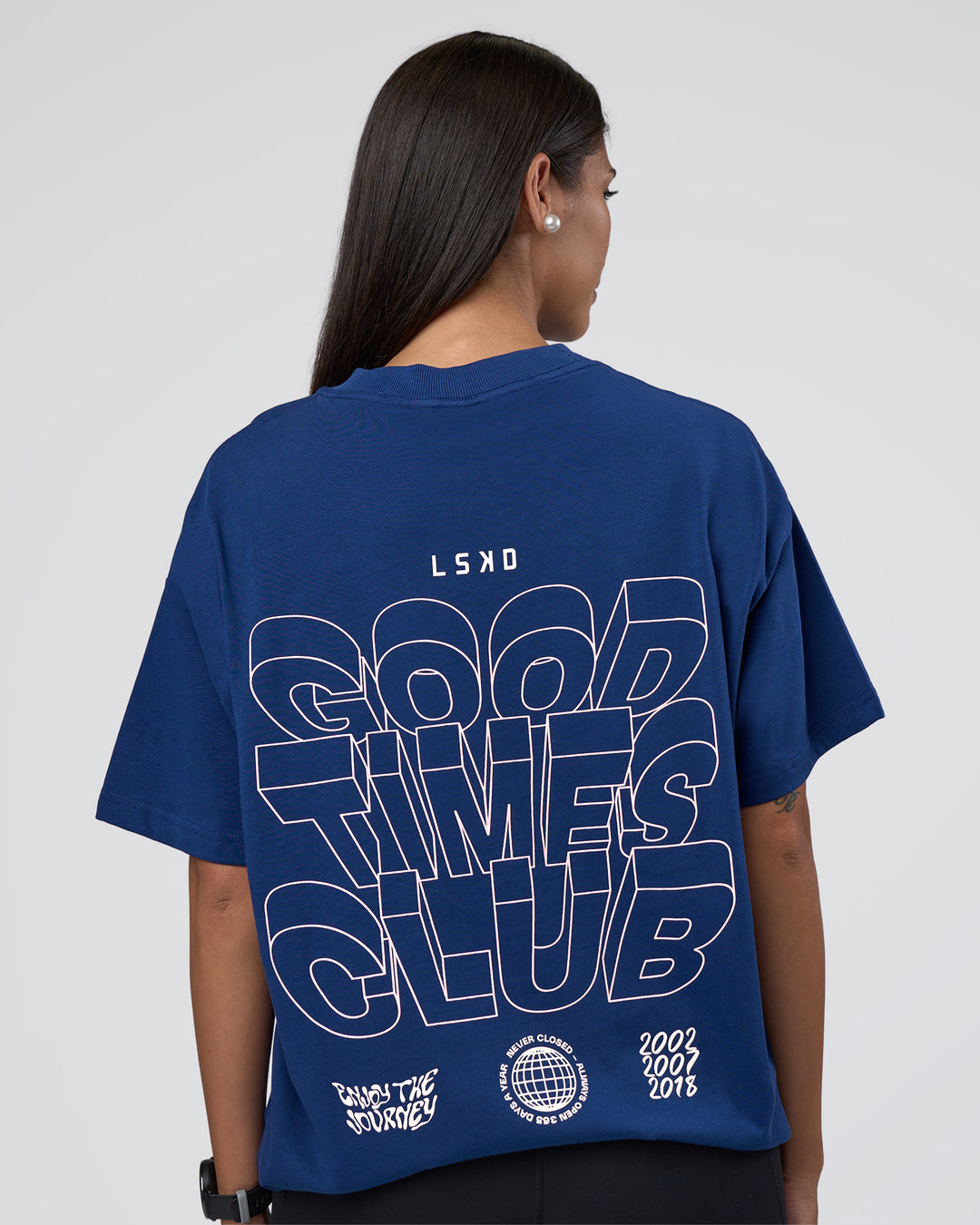 Woman wearing GTC Heavyweight Oversized Tee - Washed Midnight Blue-Marsh | Model:Rhiley | Size:XS