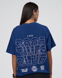 Woman wearing GTC Heavyweight Oversized Tee - Washed Midnight Blue-Marsh | Model:Rhiley | Size:XS