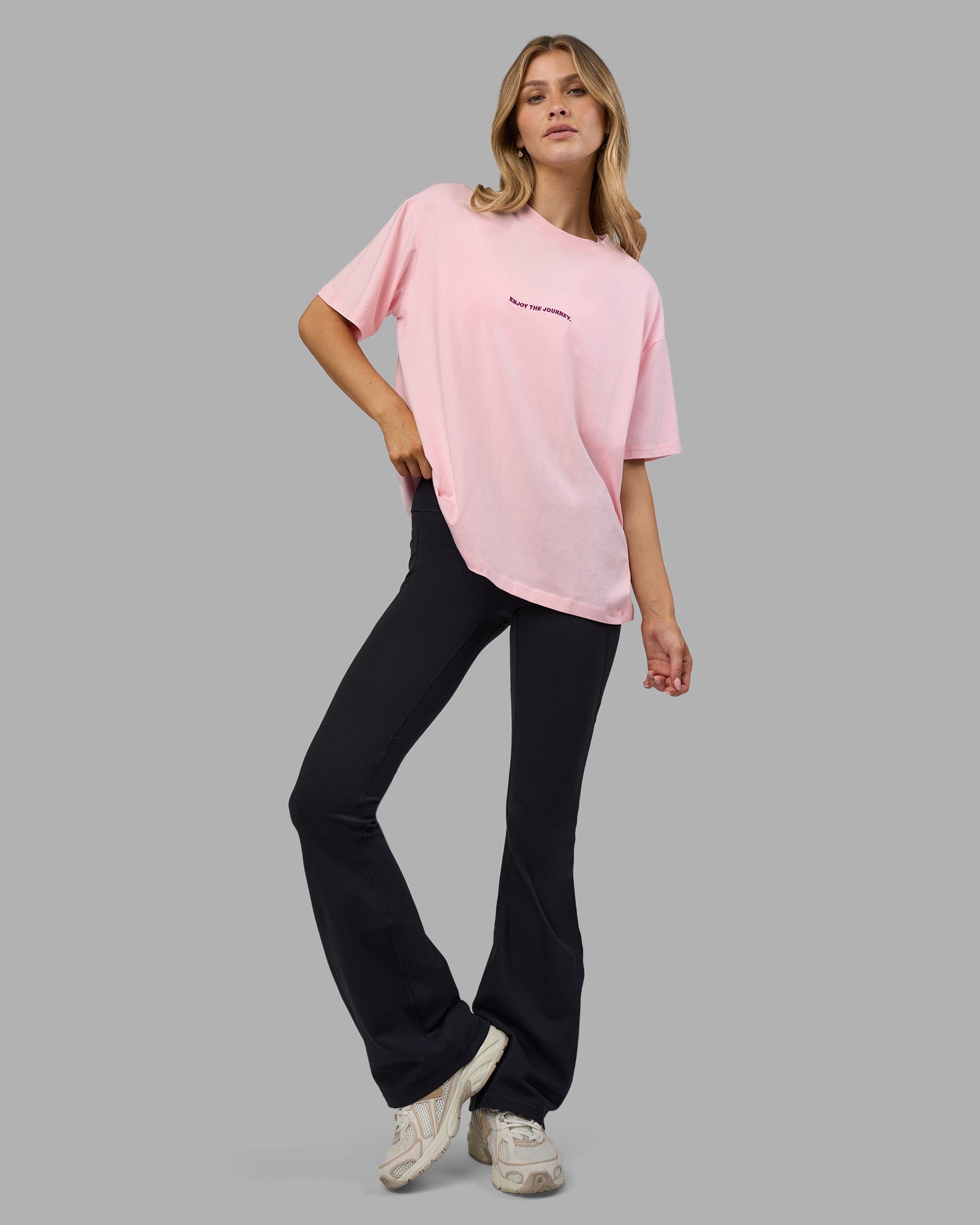 Woman wearing Go-To E.T.J FLXCotton Oversized Tee - Marshmallow-Plum Caspia | Model:Leilani | Size:XS