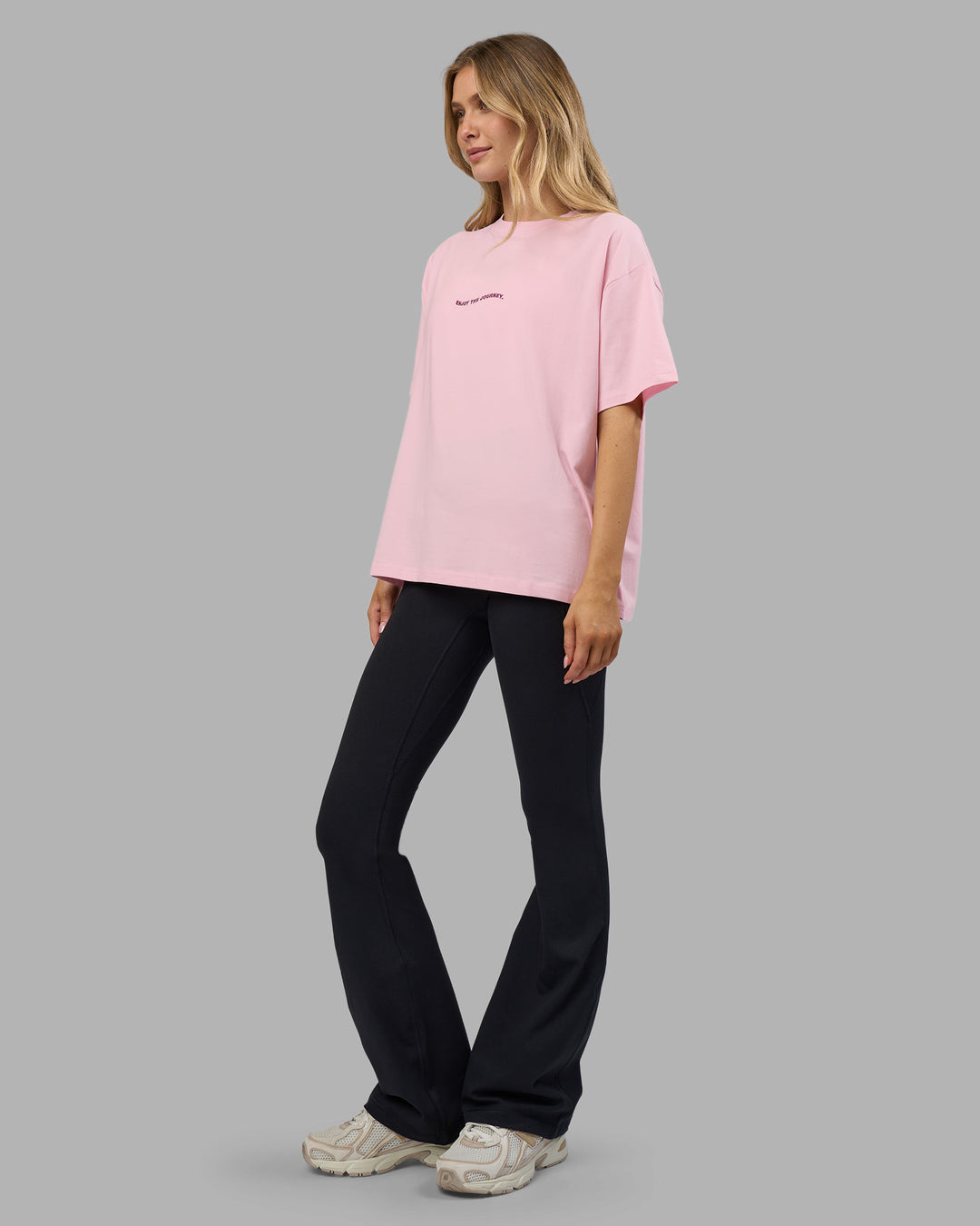 Woman wearing Go-To E.T.J FLXCotton Oversized Tee - Marshmallow-Plum Caspia | Model:Leilani | Size:XS