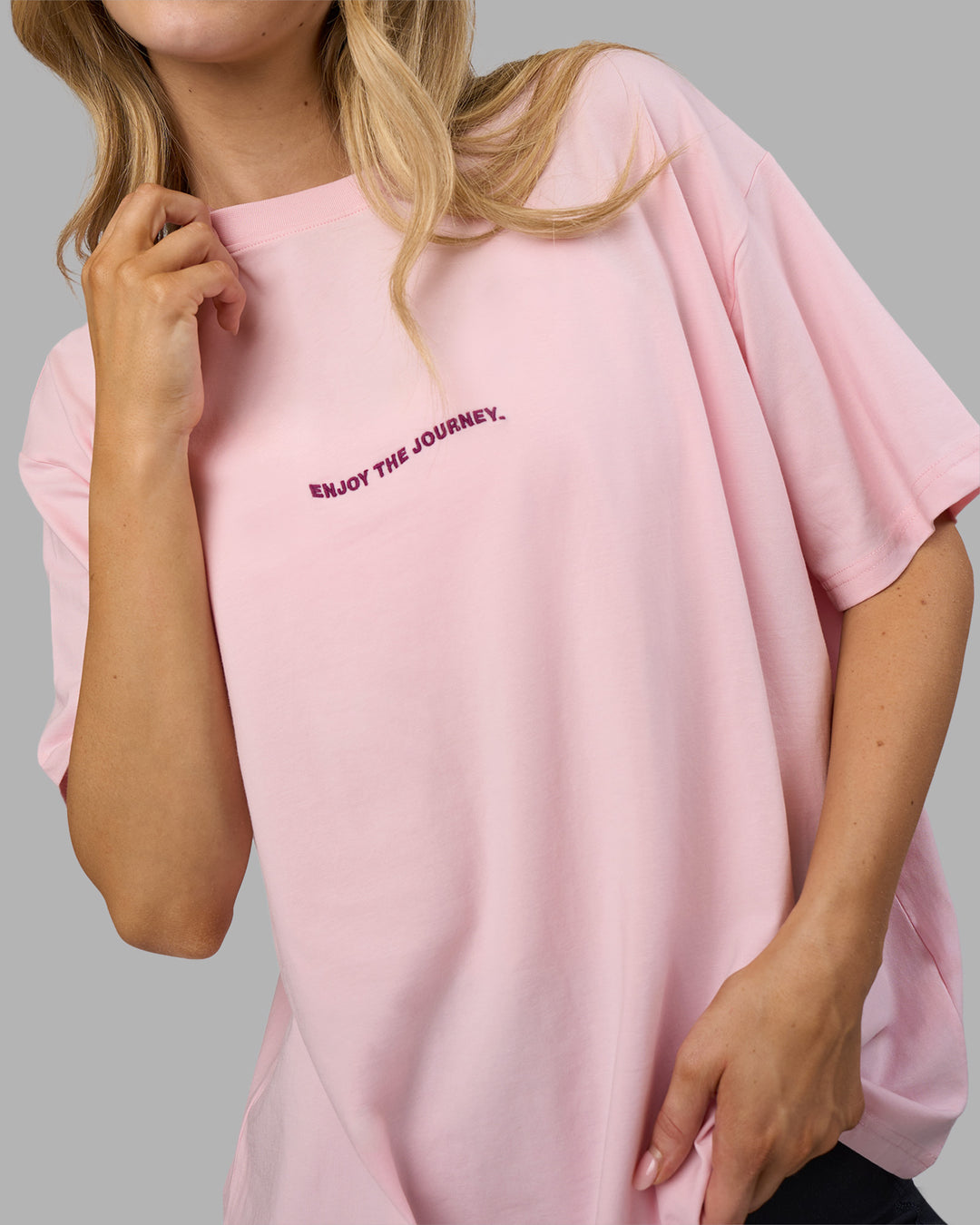 Woman wearing Go-To E.T.J FLXCotton Oversized Tee - Marshmallow-Plum Caspia | Model:Leilani | Size:XS