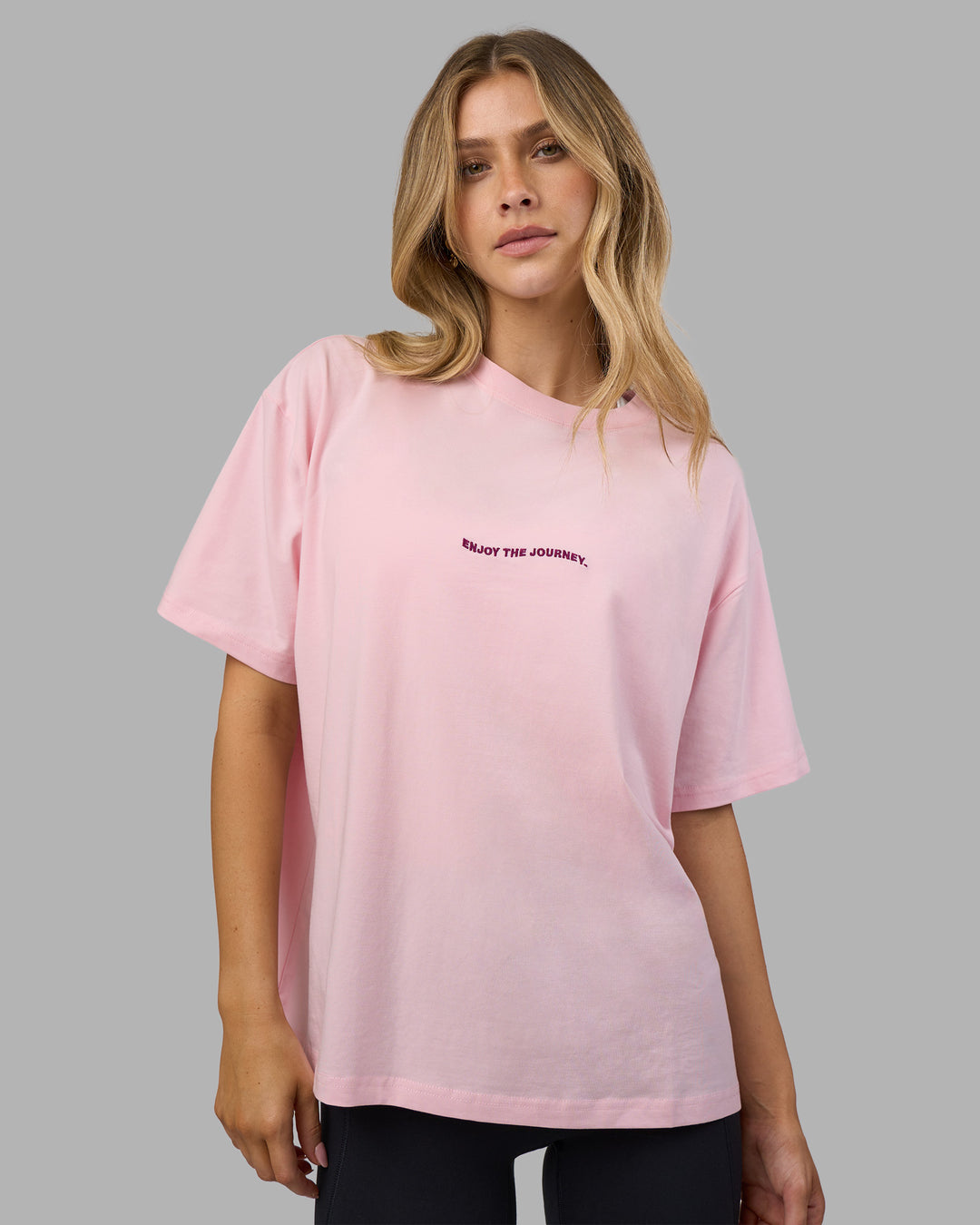 Woman wearing Go-To E.T.J FLXCotton Oversized Tee - Marshmallow-Plum Caspia | Model:Leilani | Size:XS