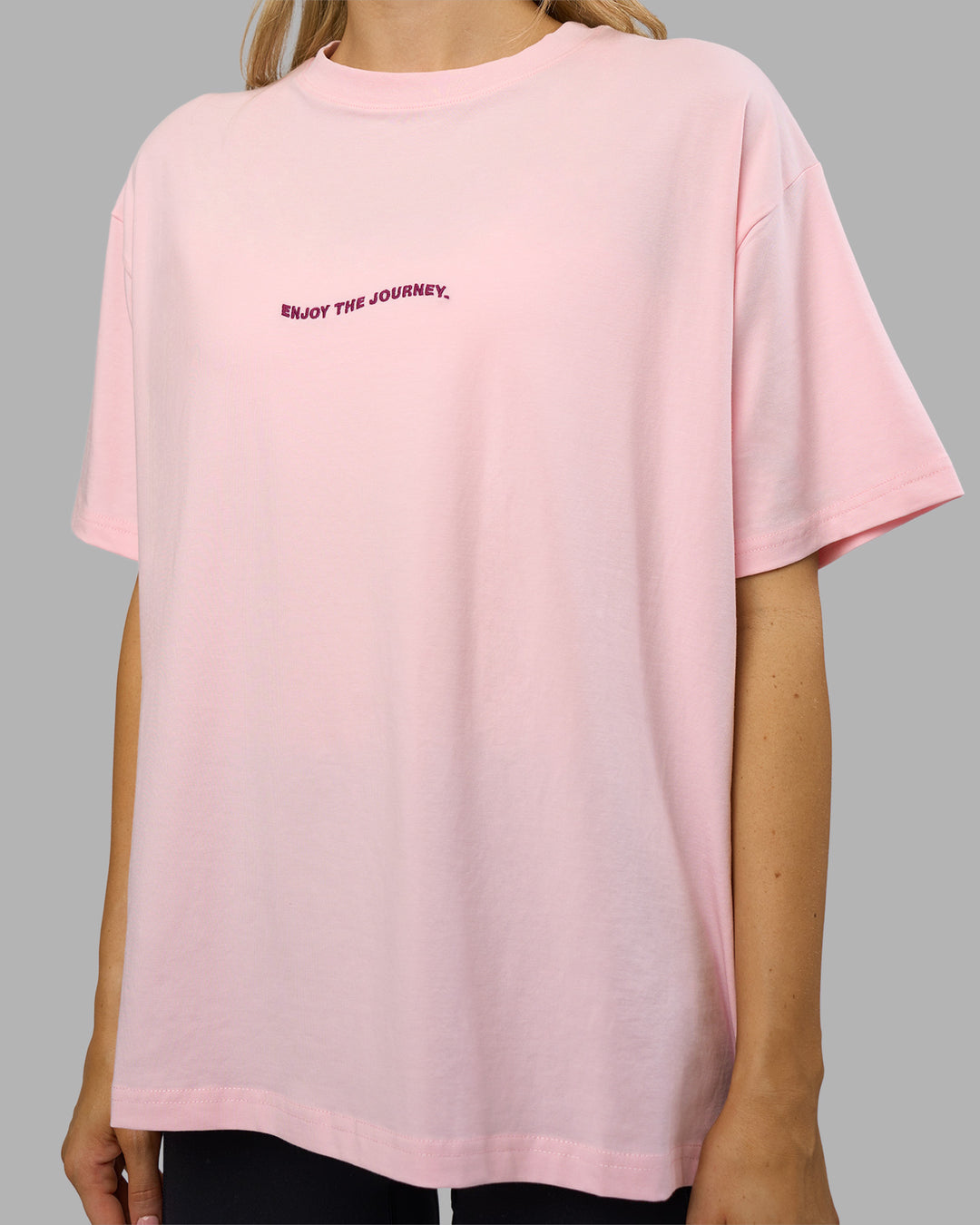 Woman wearing Go-To E.T.J FLXCotton Oversized Tee - Marshmallow-Plum Caspia | Model:Leilani | Size:XS