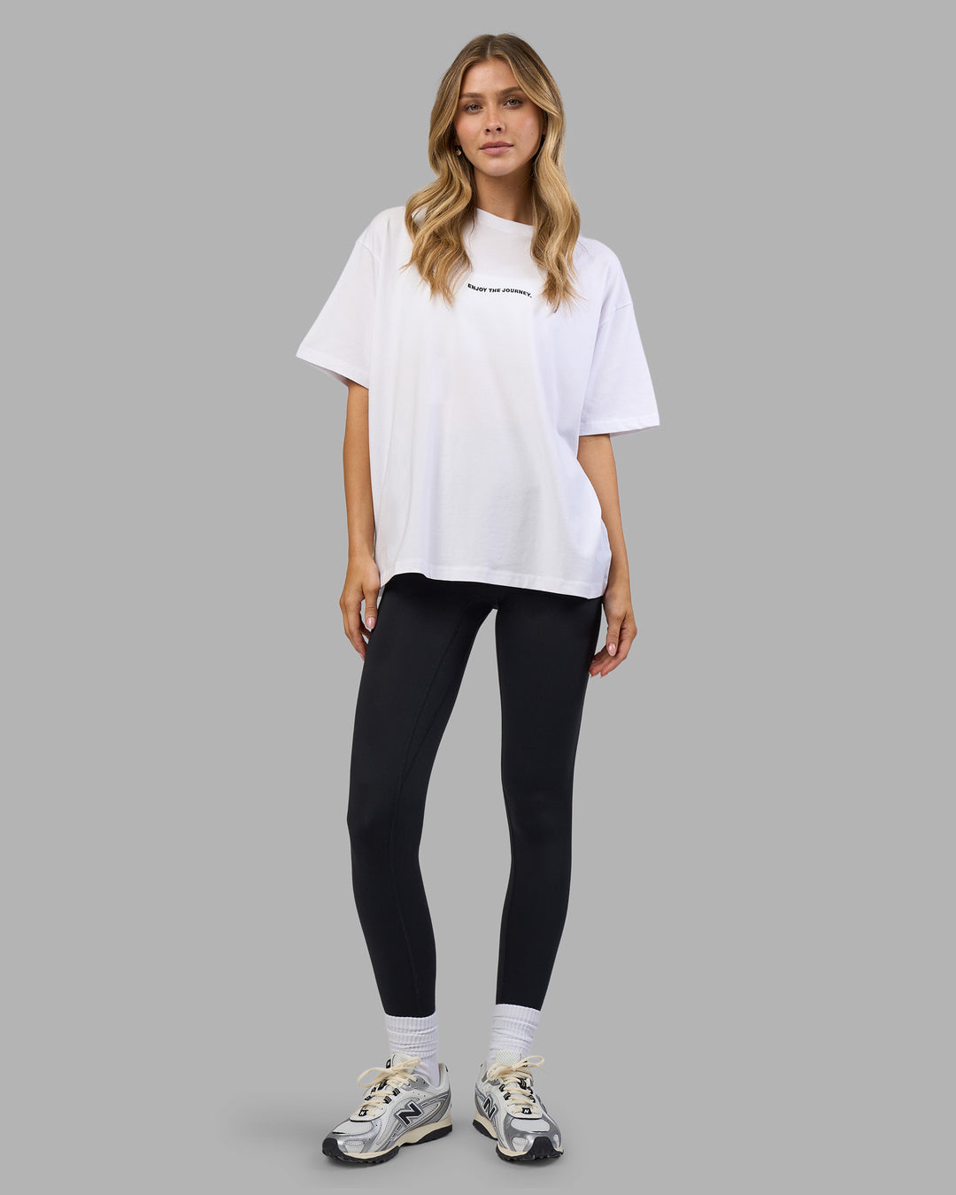 Woman wearing Go-To E.T.J FLXCotton Oversized Tee - White-Black | Model:Leilani | Size:XS