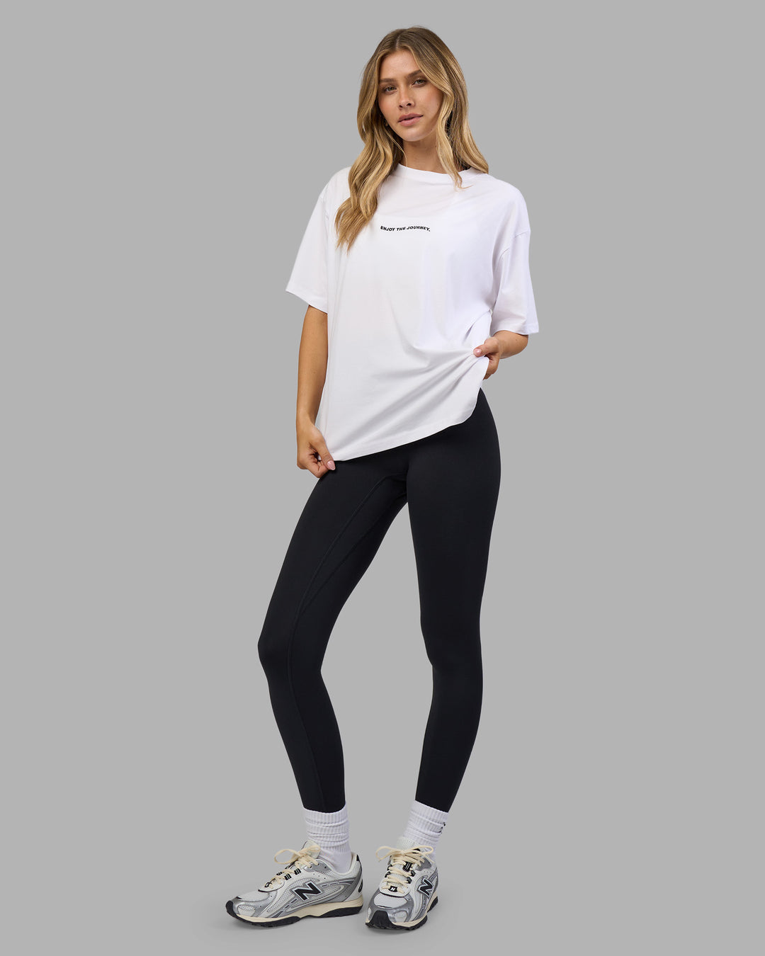 Woman wearing Go-To E.T.J FLXCotton Oversized Tee - White-Black | Model:Leilani | Size:XS