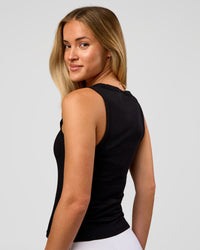 Woman wearing Go-To FLXCotton Scoop Neck Tank in Black-White | Model:Issy | Size:XS | Thumbnail Index: 2