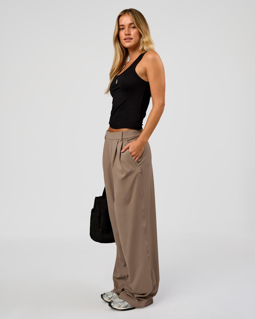 Woman wearing Go-To FLXCotton Scoop Neck Tank in Black-White | Model:Issy | Size:XS - view 9