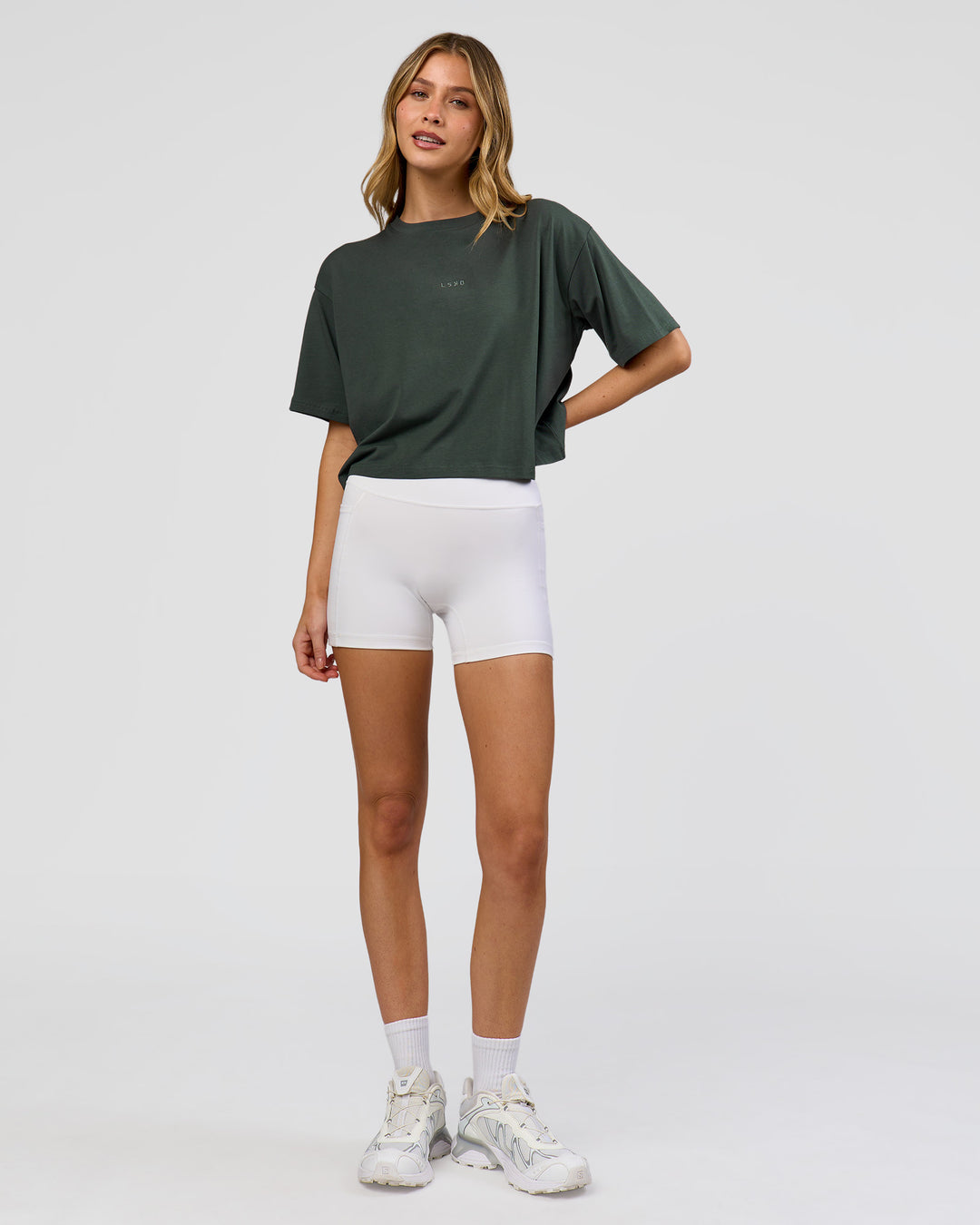 Woman wearing Go-To FLXCotton Skimmer Tee - Carbon Green-Carbon Green | Model:Leilani | Size:XS
