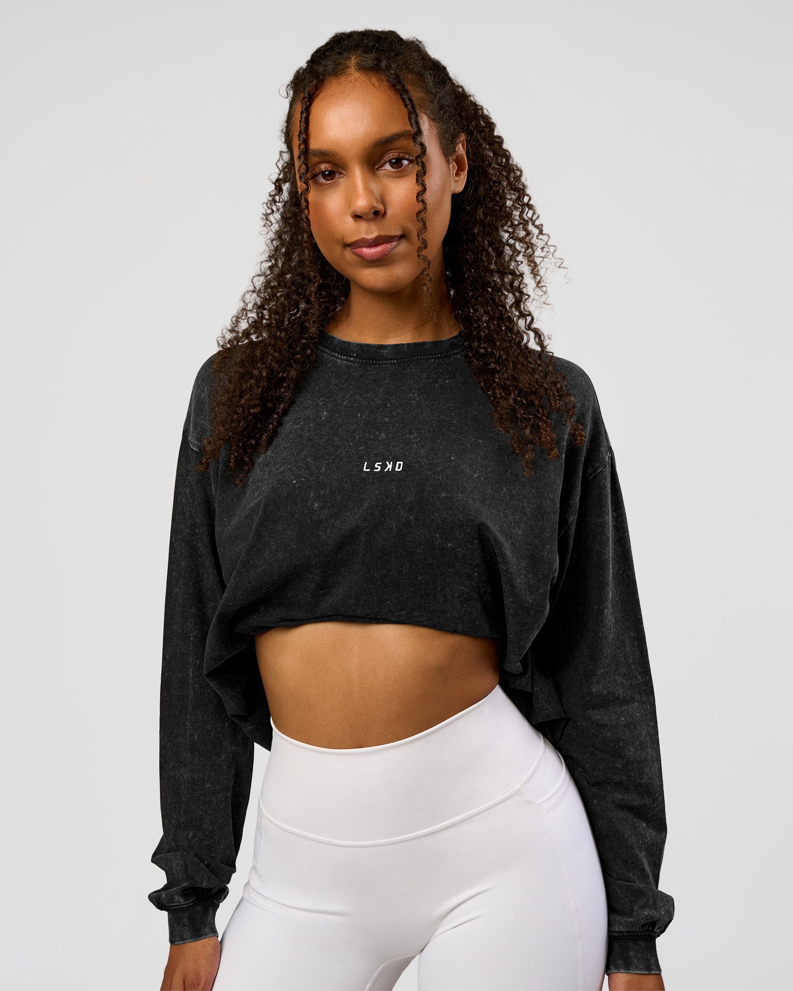 Go-To Long Sleeve FLXCotton Oversized Tee - Black Washed-White | LSKD