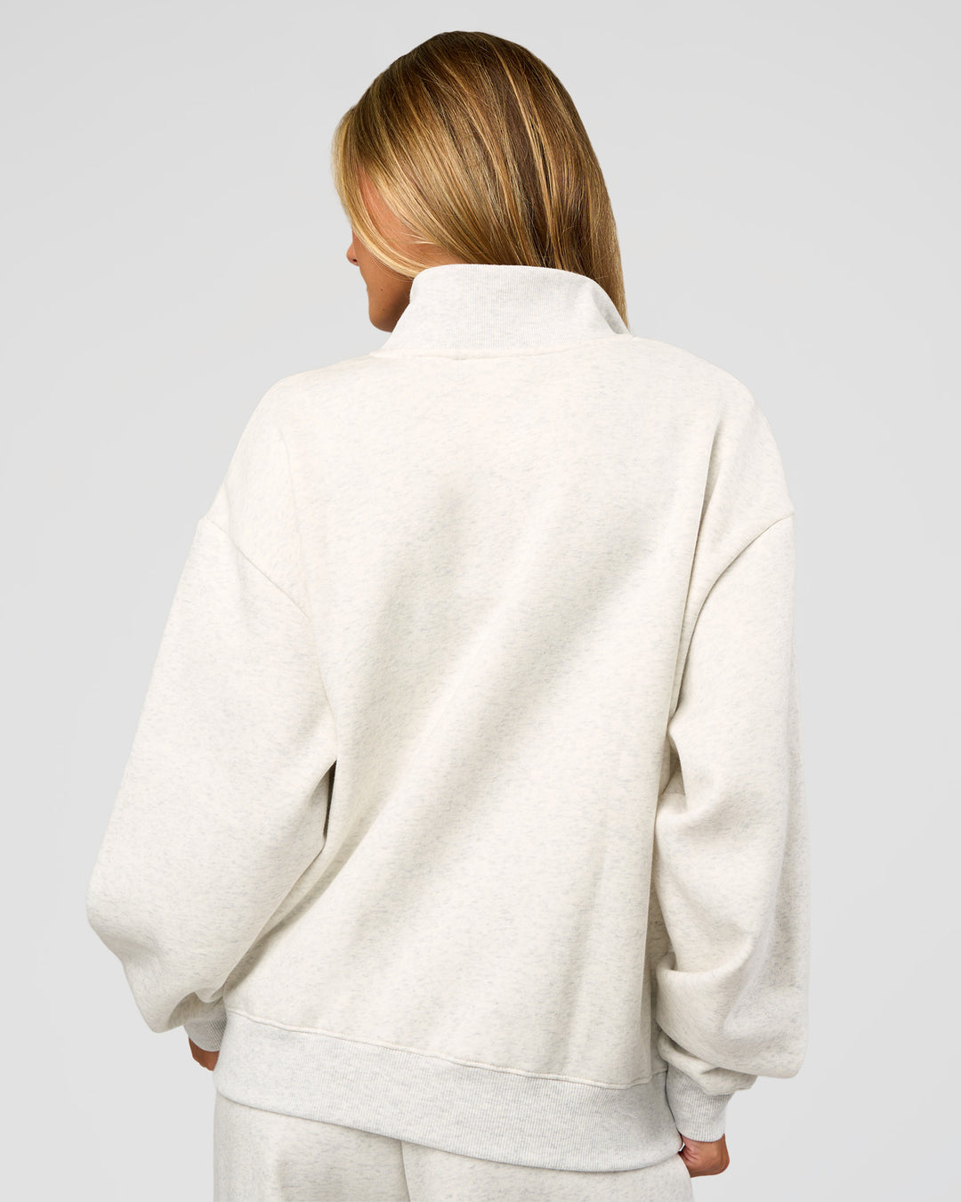 Woman wearing Go-To Oversized Quarter Zip Sweater - Silver Marl | Model:Georgia | Size:XS