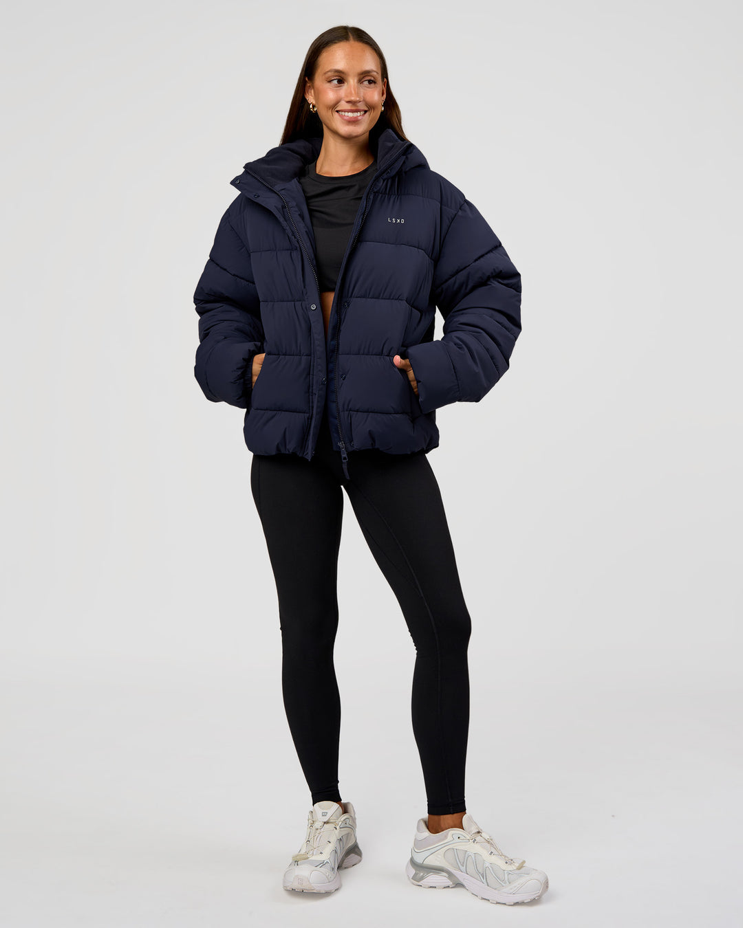 Woman wearing Go-To Puffer Jacket - Future Navy | Model:Brylee | Size:XS - view 9