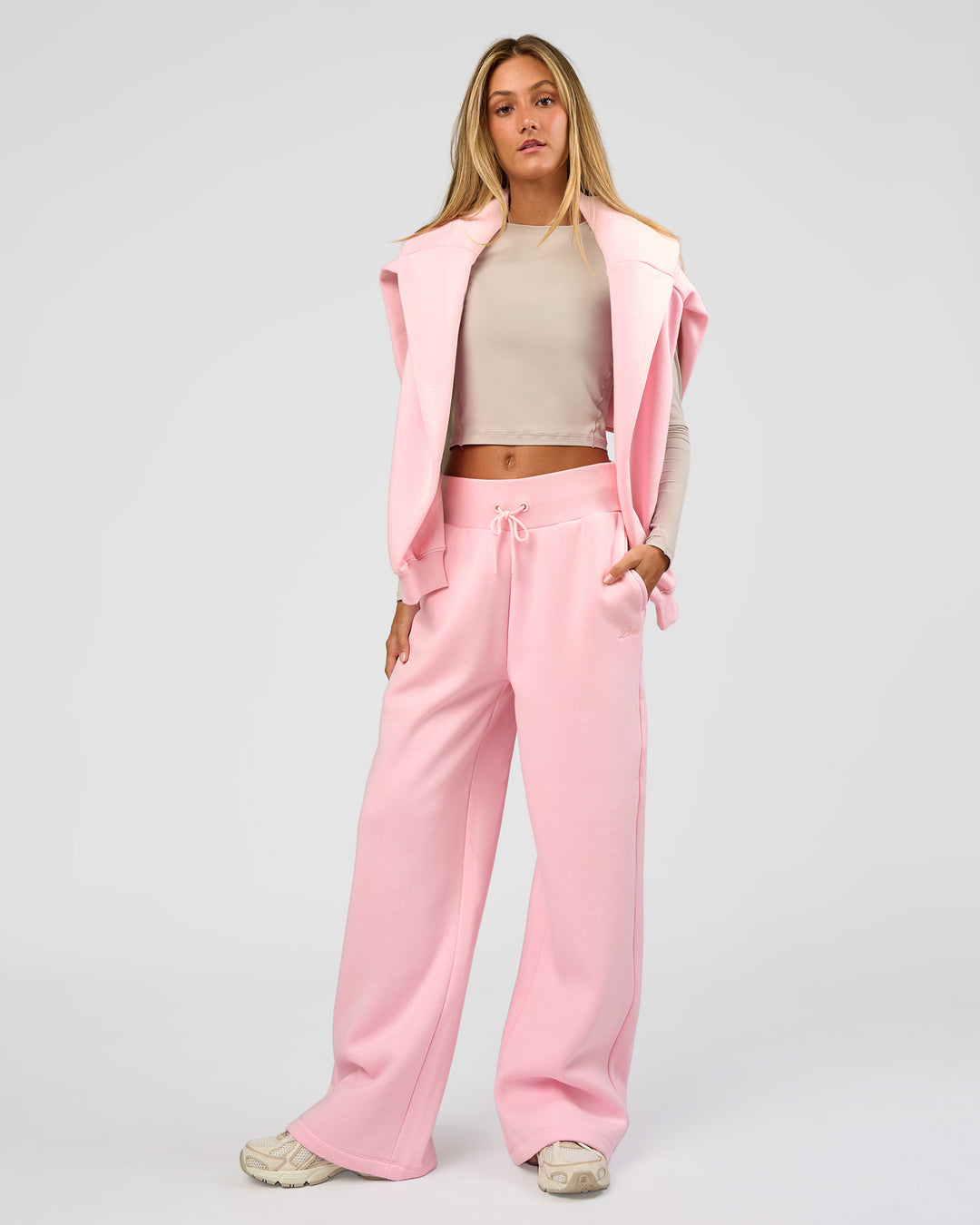 Woman wearing Go-To Script Wide Leg Track Pant - Marshmallow | Model:Georgia | Size:XS