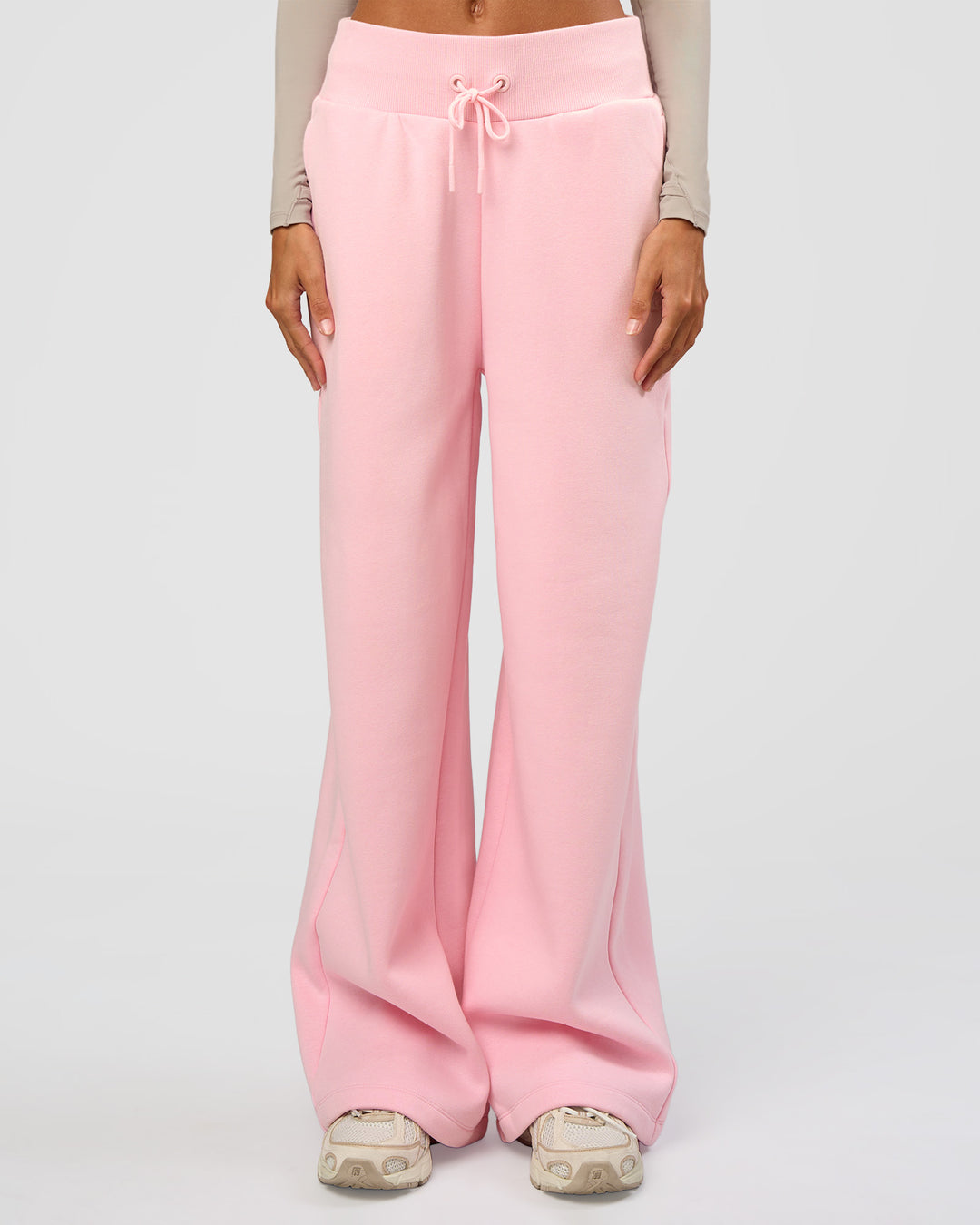 Woman wearing Go-To Script Wide Leg Track Pant - Marshmallow | Model:Georgia | Size:XS