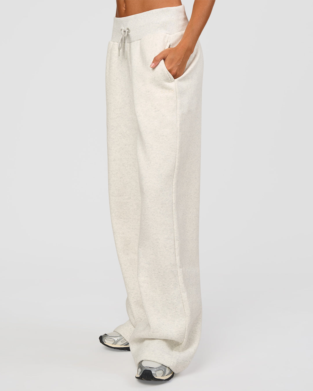 Woman wearing Go-To Wide Leg Track Pant Tall - Silver Marl | Model:Georgia | Size:XS