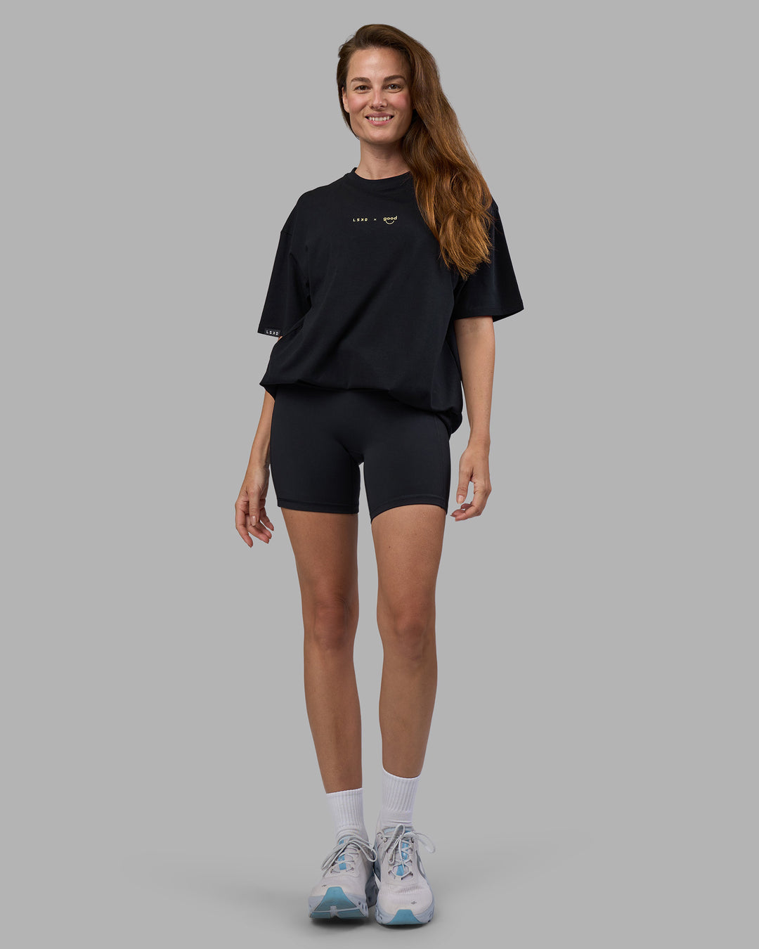 Woman wearing Good Human Factory Vol 2 FLXCotton Oversize Tee - Black | Size:XS
