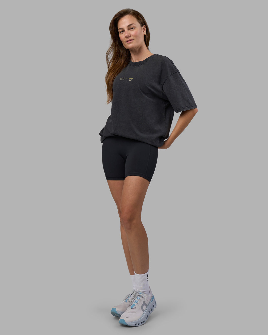 Woman wearing Good Human Factory Vol 2 FLXCotton Oversize Tee - Black Washed | Size:XS