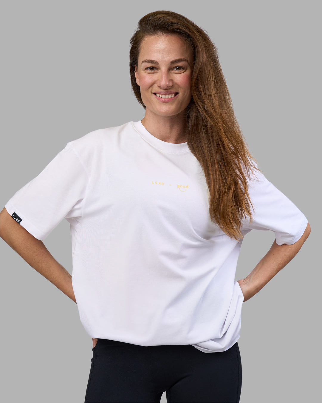 Woman wearing Good Human Factory Vol 2 FLXCotton Oversize Tee - White | Model:Carol | Size:XS