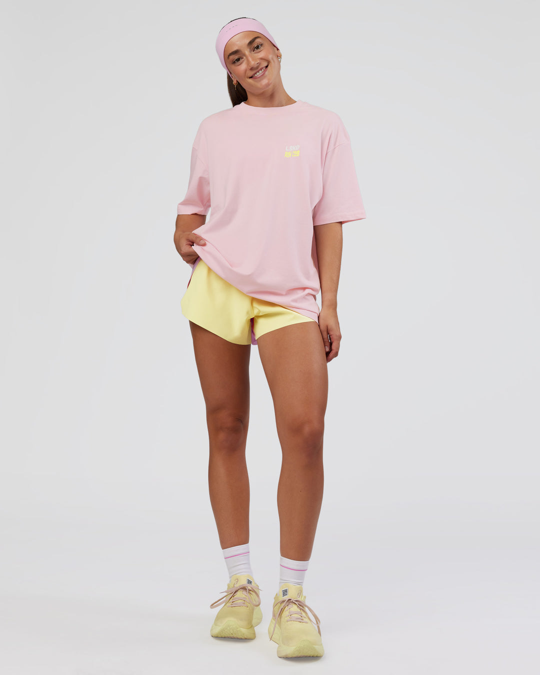 Woman wearing Grace Grove FLXCotton Oversize Tee - Marshmallow | Model:Grace | Size:XS