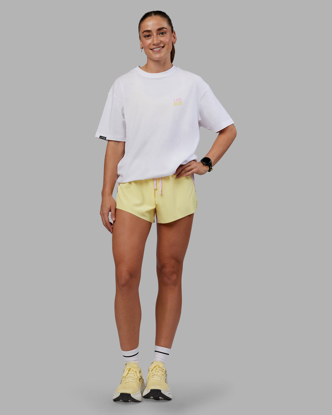 Woman wearing Grace Grove FLXCotton Oversize Tee - White | Model:Grace | Size:XS