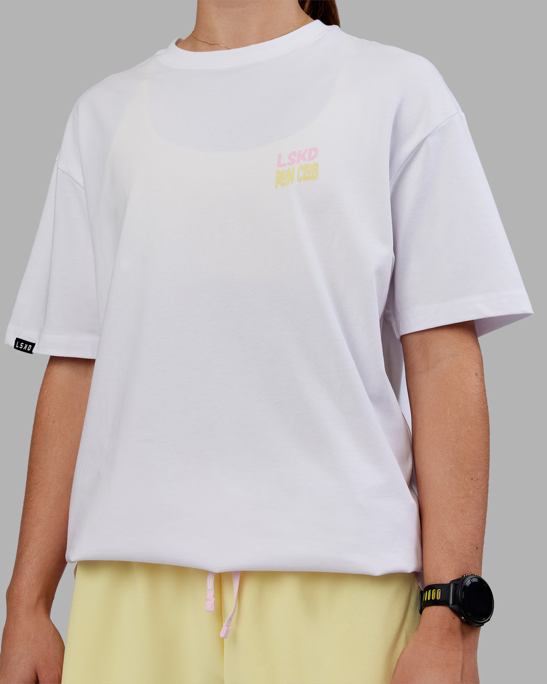 Woman wearing Grace Grove FLXCotton Oversize Tee - White | Model:Grace | Size:XS