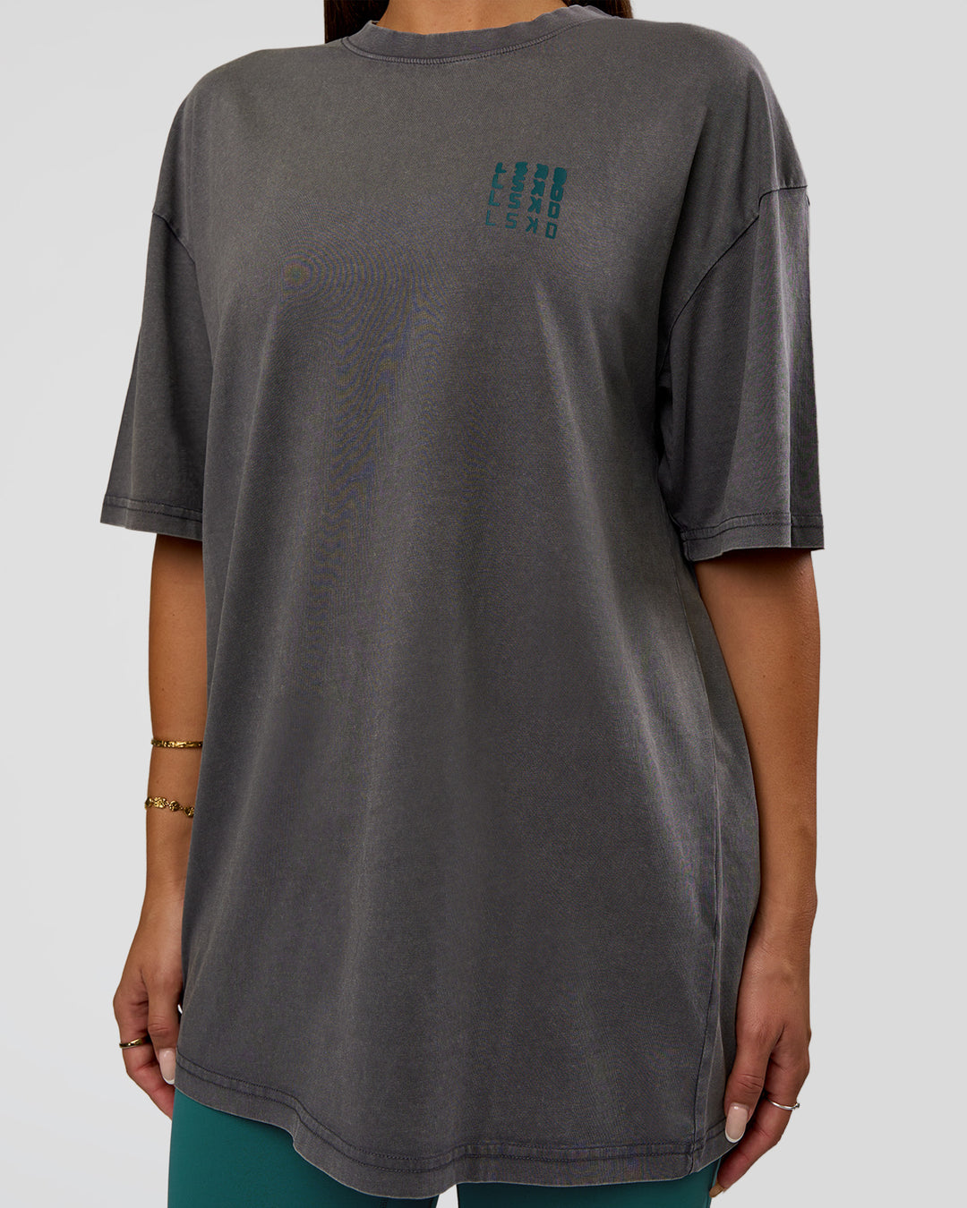 Woman wearing Inferno Journey FLXCotton Oversized Tee - Dark Storm Washed-Iceberg Green | Model:Bianca | Size:XS