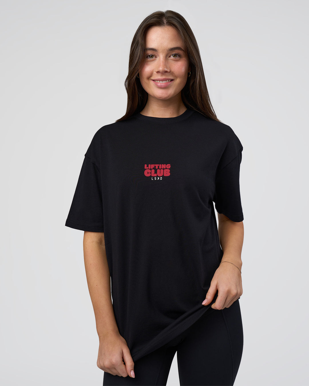 Woman wearing Kettle B FLXCotton Oversized Tee - Black-White | Model:Estella | Size:XS