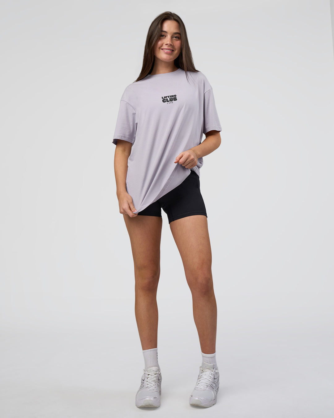 Woman wearing Kettle B FLXCotton Oversized Tee - Galactic Lilac-Black | Model:Estella | Size:XS
