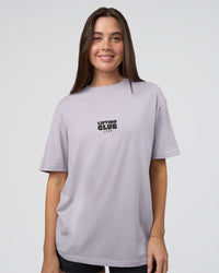 Woman wearing Kettle B FLXCotton Oversized Tee - Galactic Lilac-Black | Model:Estella | Size:XS