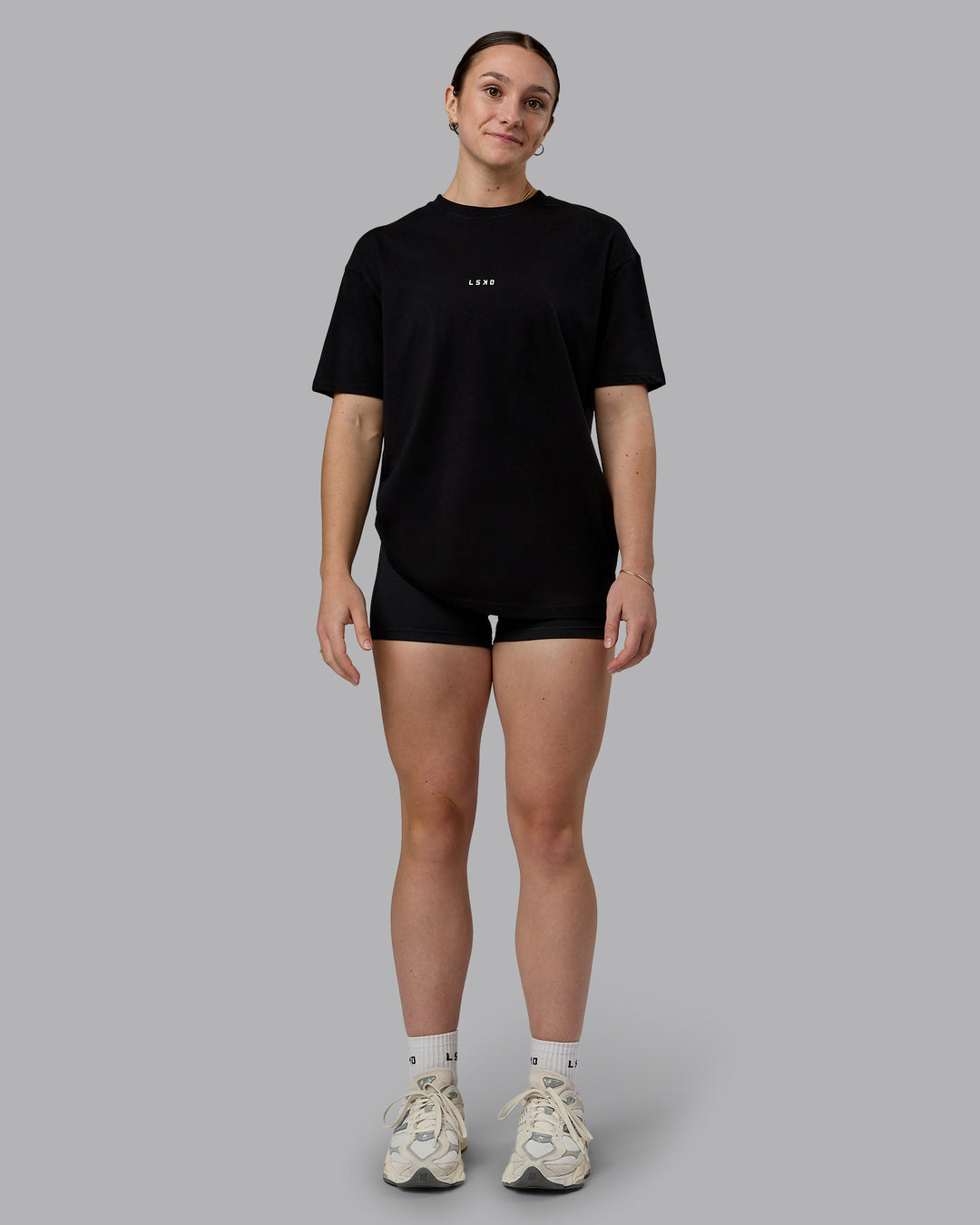 Woman wearing Kettlebell Oversized Tee - Black-White | Model:Sav | Size:XS