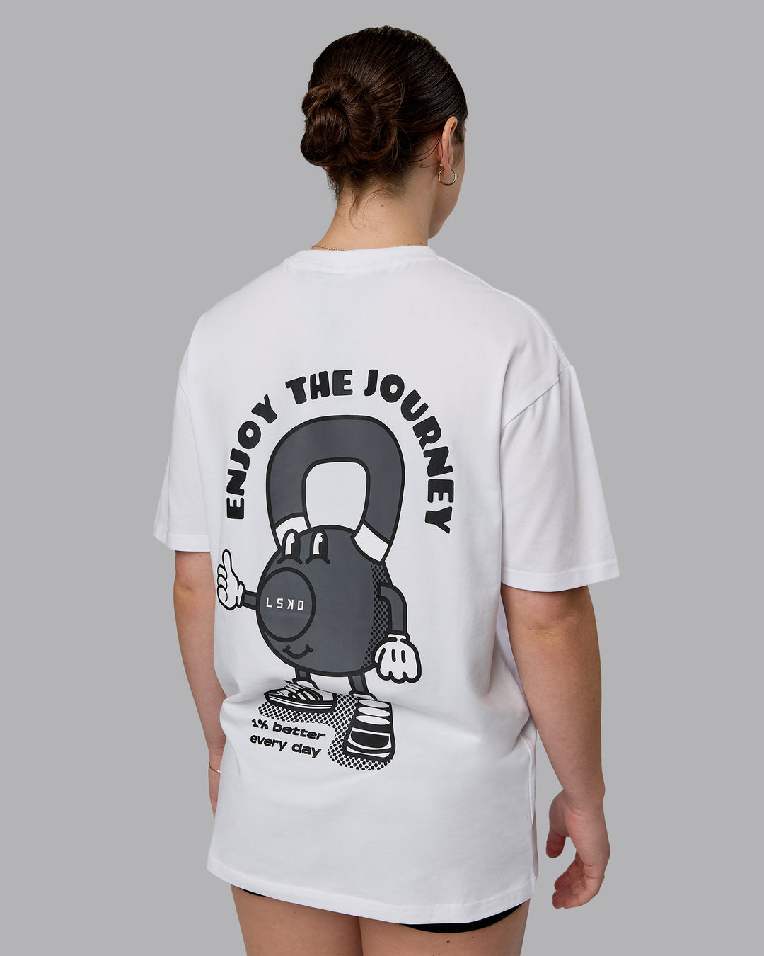 Woman wearing Kettlebell Oversized Tee - White-Black | Model:Sav | Size:XS