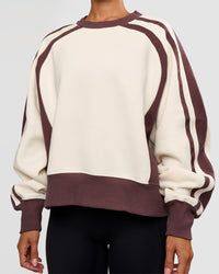 Woman wearing LSKD Fitness Club Oversized Sweater - Off White-Cocoa Powder | Model:Brylee | Size:XS