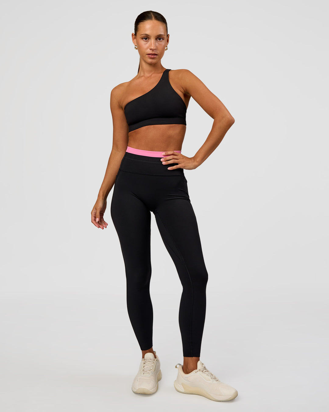 Woman wearing Liberate High-Rise Full Length Legging Pockets - Black-Candy Pink | Model:Brylee | Size:XS