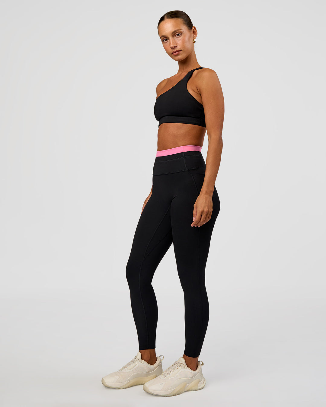 Woman wearing Liberate High-Rise Full Length Legging Pockets - Black-Candy Pink | Model:Brylee | Size:XS