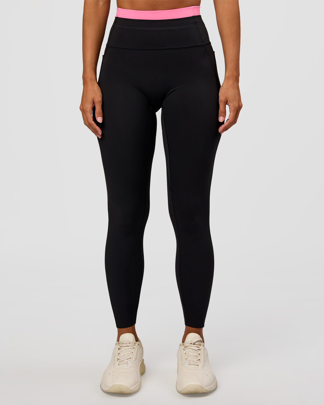 Woman wearing Liberate High-Rise Full Length Legging Pockets - Black-Candy Pink | Model:Brylee | Size:XS