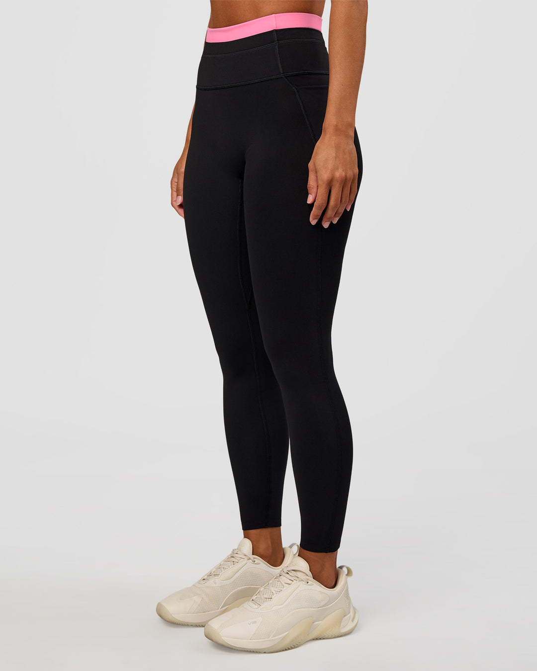 Woman wearing Liberate High-Rise Full Length Legging Pockets - Black-Candy Pink | Model:Brylee | Size:XS