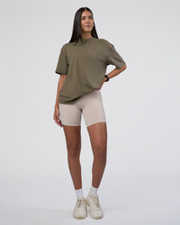 Woman wearing Lifting FLXCotton Oversized Tee - Walnut Grey-Hot Chocolate | Model:Rhiley | Size:XS